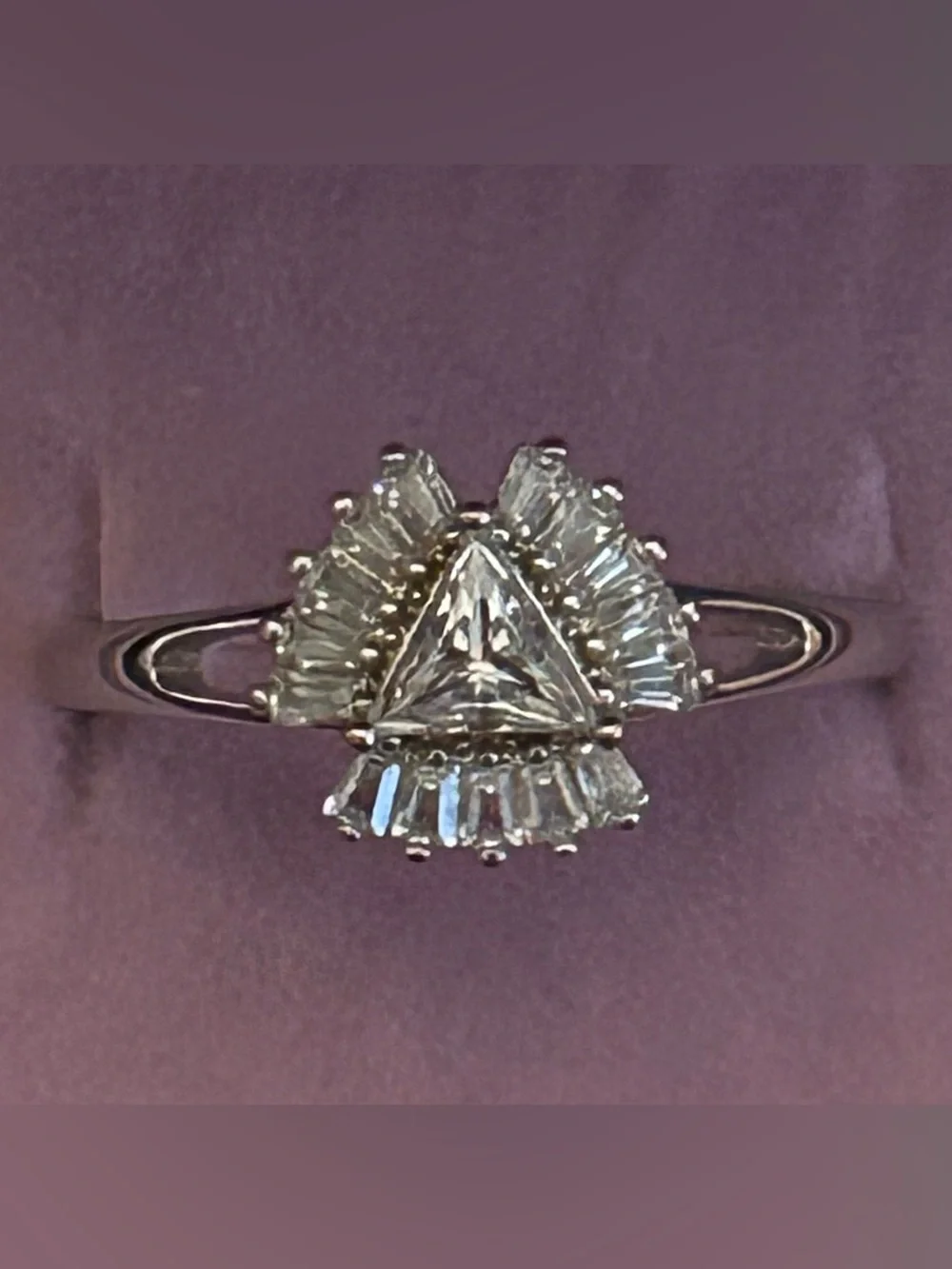 Triangular & Baguette Cut Halo Moissanite Ring in Sterling Silver Size 8.50